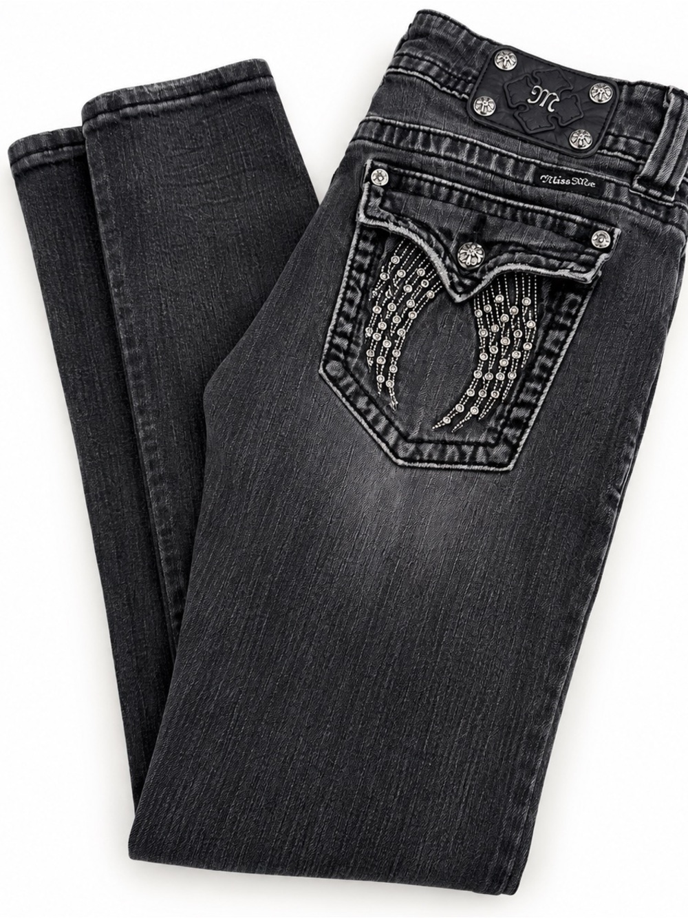EUC Miss Me Jeans Women’s Black Skinny Embellished Rhinestone Wing Pockets—Sz 31